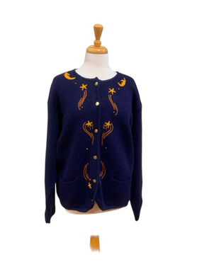 Vntg 90’s Women's Tally-Ho Navy celestial Star Moon Cardigan 2X w/flaws